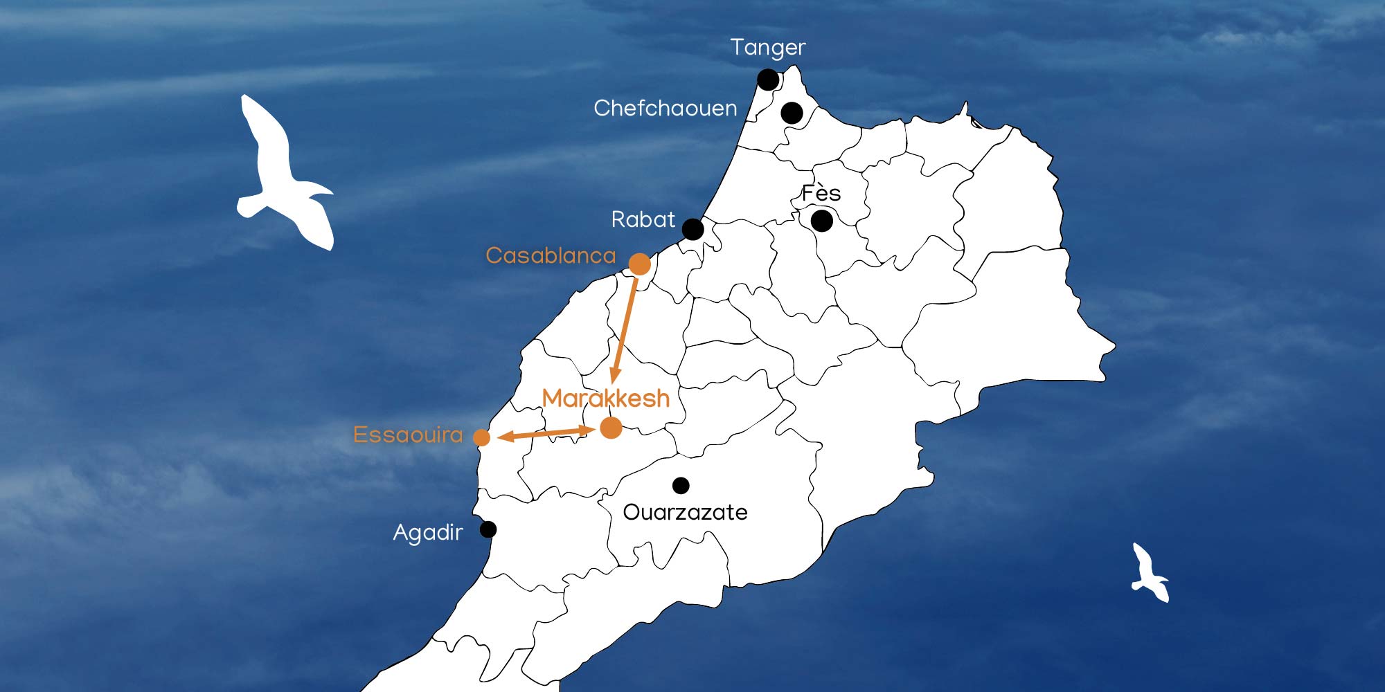 Pur Life Maroc Tour Landkarte Casablanca – Marrakech– Essaouira Pur Life Maroc Tour Casablanca - Marrakech– Essaouira