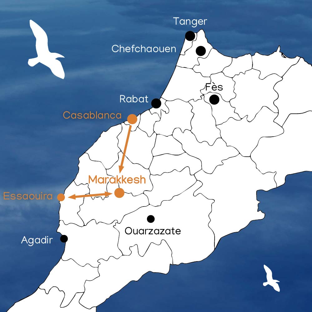 Pur Life Maroc Tour Landkarte Casablanca – Marrakech– Essaouira2 Pur Life Maroc Tour Casablanca - Marrakech– Essaouira